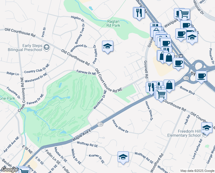 map of restaurants, bars, coffee shops, grocery stores, and more near 305 Old Courthouse Road Northeast in Vienna