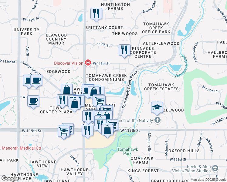 map of restaurants, bars, coffee shops, grocery stores, and more near 11629 Tomahawk Creek Parkway in Leawood