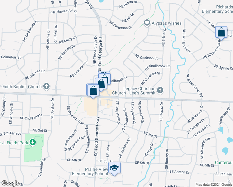 map of restaurants, bars, coffee shops, grocery stores, and more near 106 Northeast Greystone Drive in Lee's Summit