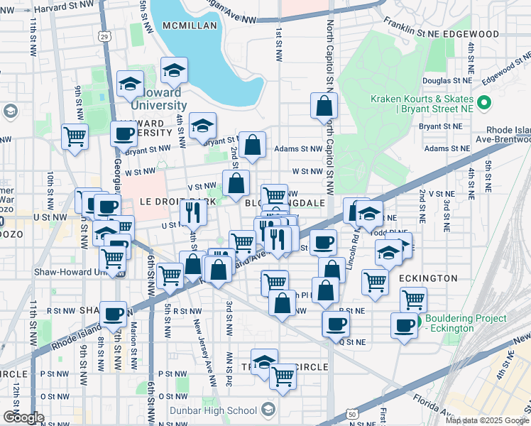 map of restaurants, bars, coffee shops, grocery stores, and more near 123 U Street Northwest in Washington