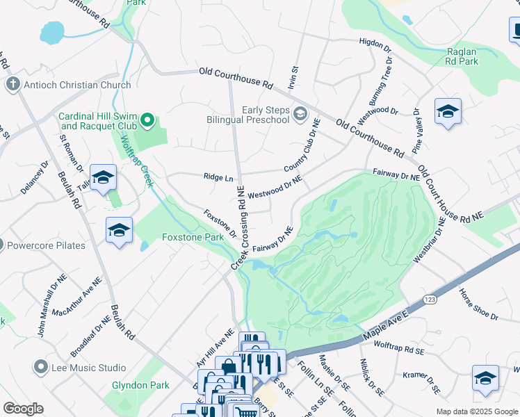 map of restaurants, bars, coffee shops, grocery stores, and more near 904 Woodnor Drive Northeast in Vienna