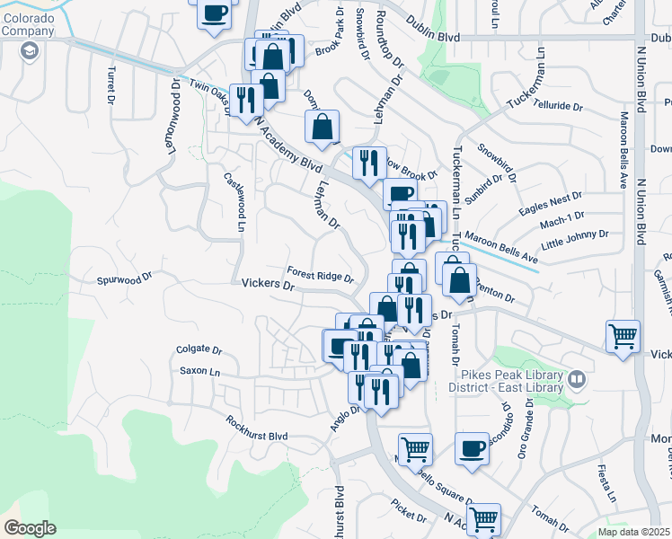 map of restaurants, bars, coffee shops, grocery stores, and more near 2020 Forest Ridge Drive in Colorado Springs