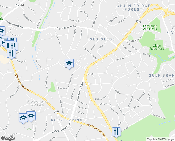 map of restaurants, bars, coffee shops, grocery stores, and more near North Glebe Road & North Albemarle Street in Arlington