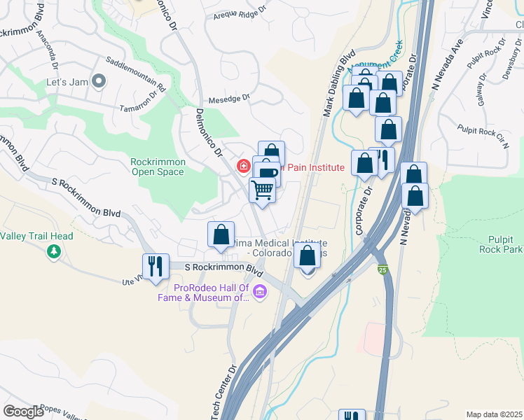 map of restaurants, bars, coffee shops, grocery stores, and more near 5919 Delmonico Drive in Colorado Springs