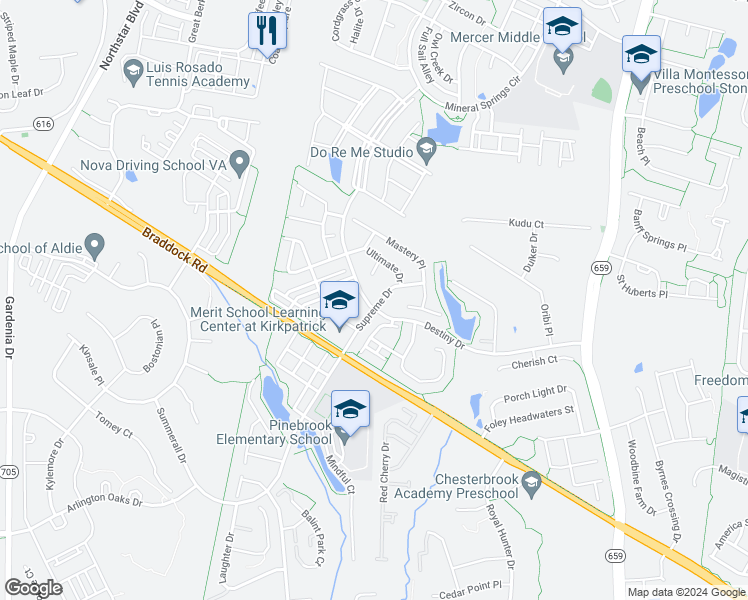 map of restaurants, bars, coffee shops, grocery stores, and more near 25319 Supreme Drive in Aldie