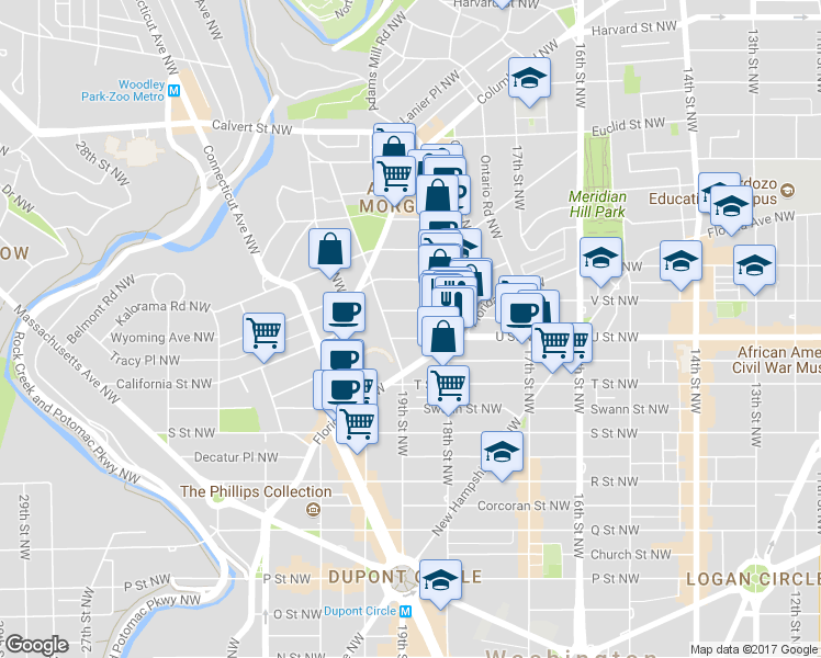 map of restaurants, bars, coffee shops, grocery stores, and more near 1845 Vernon Street Northwest in Washington