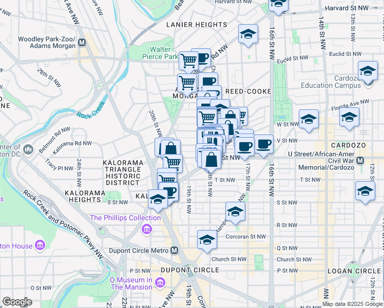 map of restaurants, bars, coffee shops, grocery stores, and more near 1847 Vernon Street Northwest in Washington
