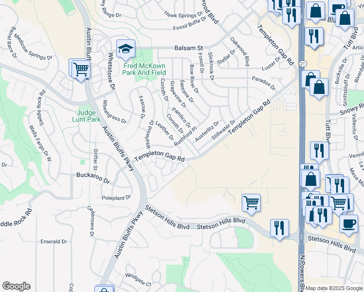 map of restaurants, bars, coffee shops, grocery stores, and more near 5855 Leather Drive in Colorado Springs