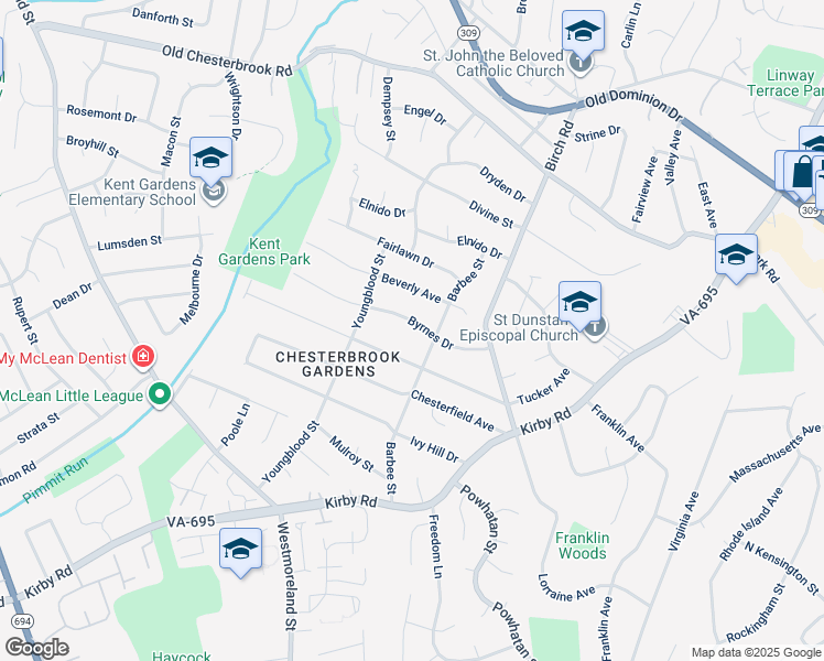 map of restaurants, bars, coffee shops, grocery stores, and more near 6519 Byrnes Drive in McLean