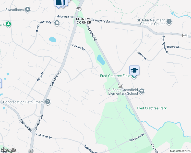map of restaurants, bars, coffee shops, grocery stores, and more near 2745 Calkins Road in Herndon