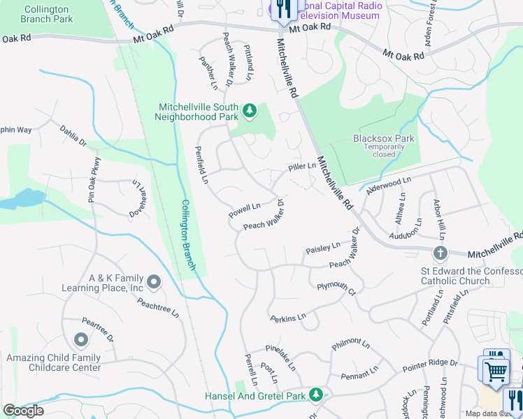map of restaurants, bars, coffee shops, grocery stores, and more near 15609 Powell Lane in Bowie