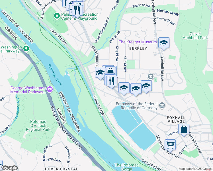 map of restaurants, bars, coffee shops, grocery stores, and more near 4850 MacArthur Boulevard Northwest in Washington
