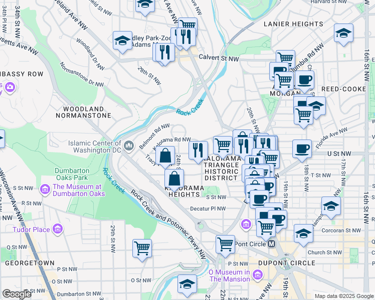 map of restaurants, bars, coffee shops, grocery stores, and more near 2325 Wyoming Avenue Northwest in Washington