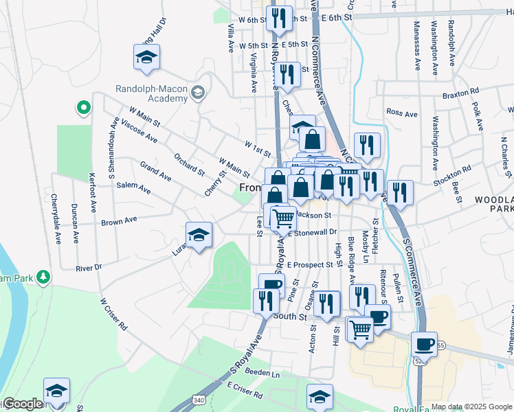 map of restaurants, bars, coffee shops, grocery stores, and more near 29 Lee Street in Front Royal