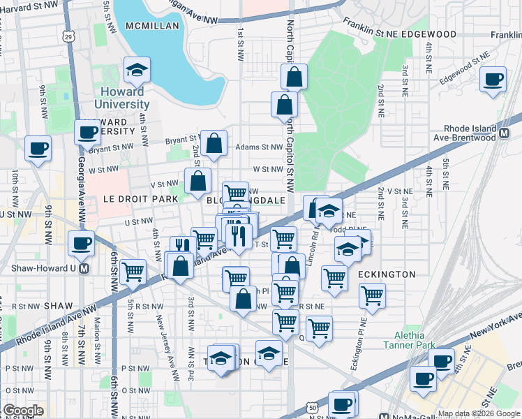 map of restaurants, bars, coffee shops, grocery stores, and more near 101 Independence Avenue Southeast in Washington