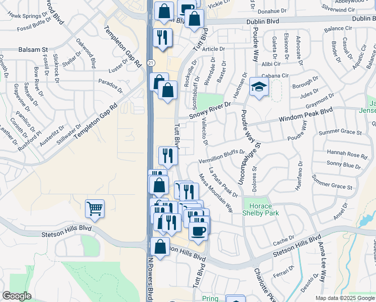 map of restaurants, bars, coffee shops, grocery stores, and more near 5835 Woodwind Grove in Colorado Springs