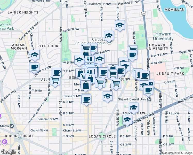 map of restaurants, bars, coffee shops, grocery stores, and more near 1301 U Street Northwest in Washington