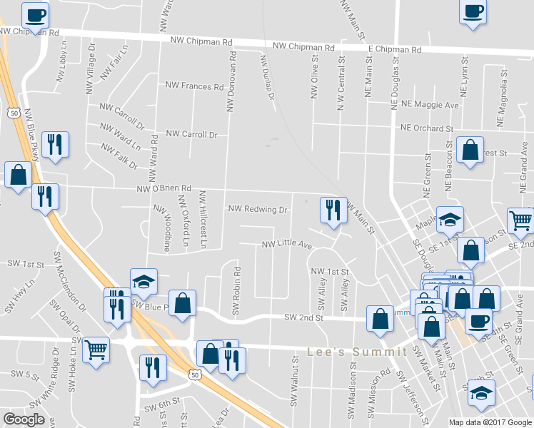 map of restaurants, bars, coffee shops, grocery stores, and more near 109 Northwest Redwing Drive in Lee's Summit