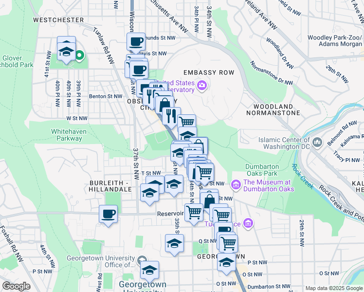 map of restaurants, bars, coffee shops, grocery stores, and more near 2111 Wisconsin Avenue Northwest in Washington