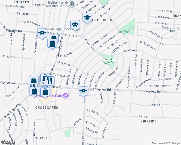 map of restaurants, bars, coffee shops, grocery stores, and more near 11229 Eastern Avenue in Kansas City