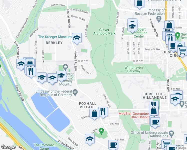 map of restaurants, bars, coffee shops, grocery stores, and more near 2151 Dunmore Lane in Washington