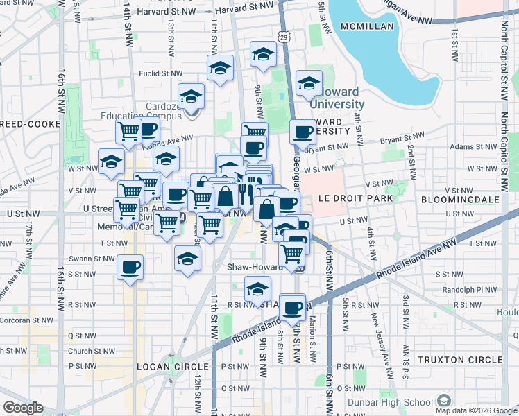 map of restaurants, bars, coffee shops, grocery stores, and more near 101 Independence Avenue Southeast in Washington