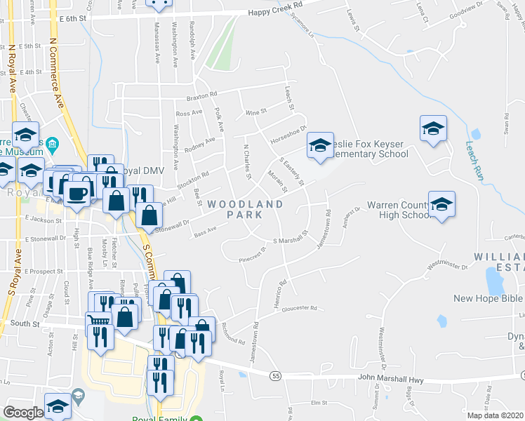 map of restaurants, bars, coffee shops, grocery stores, and more near 829 Williams Street in Front Royal