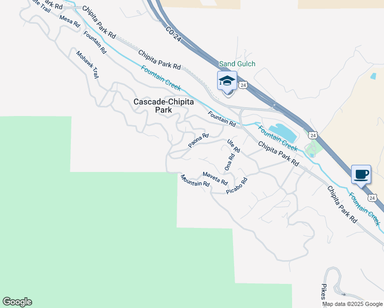map of restaurants, bars, coffee shops, grocery stores, and more near 9415 Ute Road in Cascade-Chipita Park