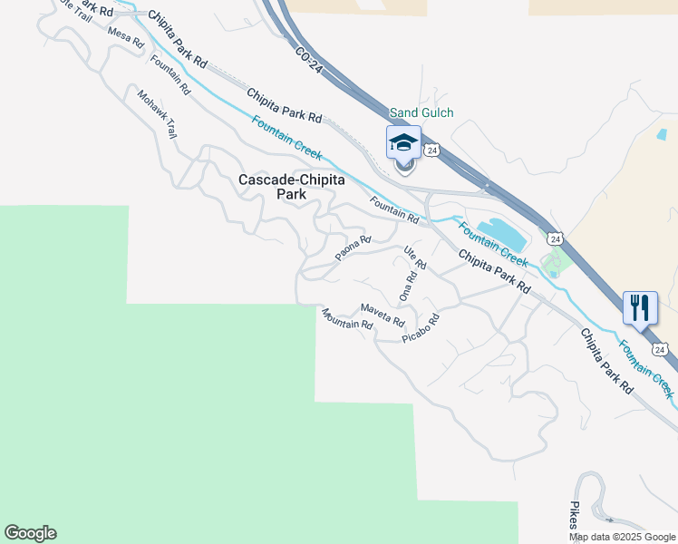 map of restaurants, bars, coffee shops, grocery stores, and more near 9415 Ute Road in Cascade-Chipita Park
