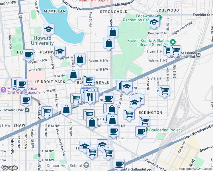 map of restaurants, bars, coffee shops, grocery stores, and more near 101 Independence Avenue Southeast in Washington