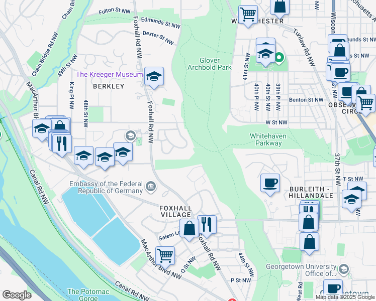 map of restaurants, bars, coffee shops, grocery stores, and more near 2151 Dunmore Lane in Washington