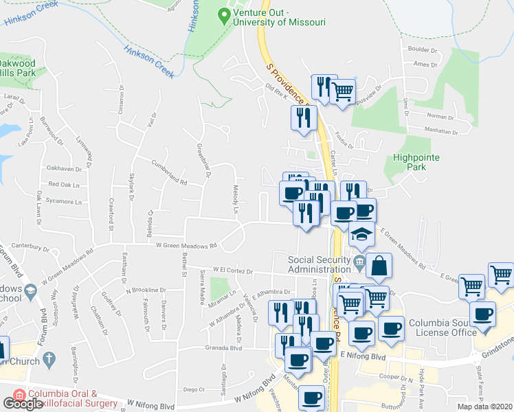 map of restaurants, bars, coffee shops, grocery stores, and more near 102 Blossom Court in Columbia