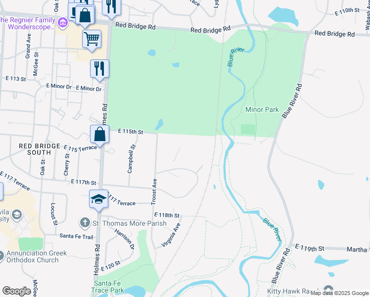 map of restaurants, bars, coffee shops, grocery stores, and more near 11515 Troost Ave in Kansas City