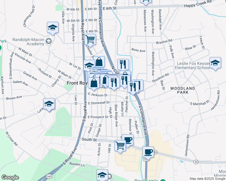 map of restaurants, bars, coffee shops, grocery stores, and more near 407 East Main Street in Front Royal