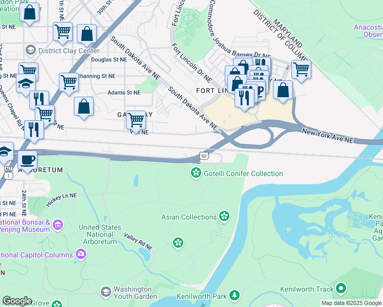 map of restaurants, bars, coffee shops, grocery stores, and more near 3500 New York Avenue Northeast in Washington