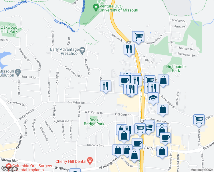 map of restaurants, bars, coffee shops, grocery stores, and more near 102 Blossom Court in Columbia
