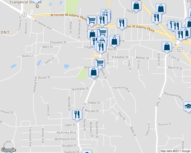map of restaurants, bars, coffee shops, grocery stores, and more near 2336 State Street in Alton