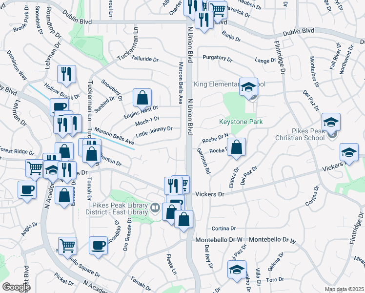 map of restaurants, bars, coffee shops, grocery stores, and more near 5870 Roy Heights in Colorado Springs