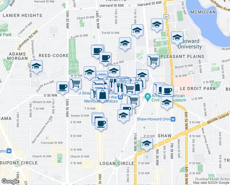 map of restaurants, bars, coffee shops, grocery stores, and more near 2006 13th Street Northwest in Washington