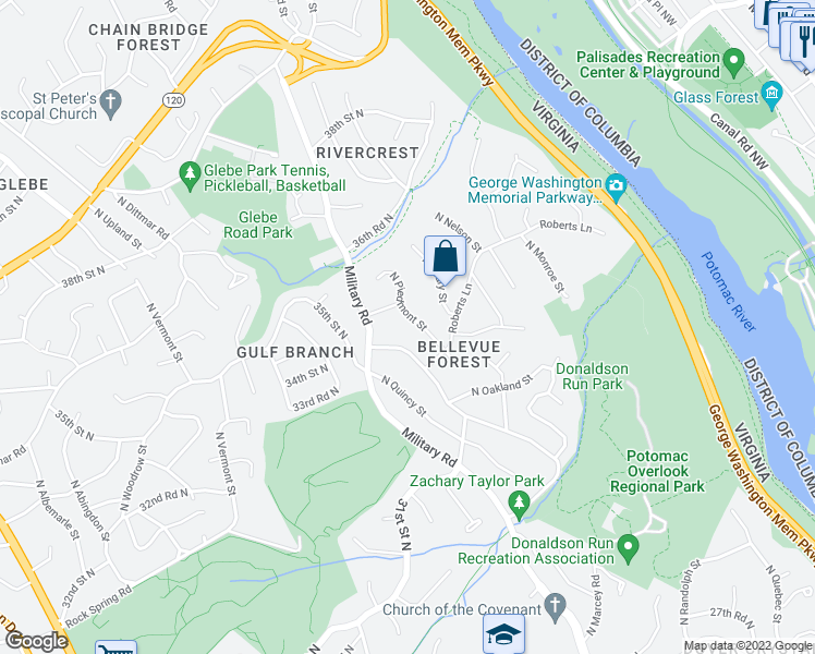 map of restaurants, bars, coffee shops, grocery stores, and more near 3400 North Piedmont Street in Arlington