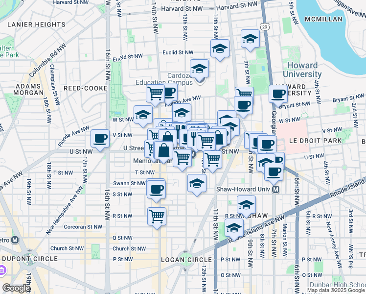 map of restaurants, bars, coffee shops, grocery stores, and more near 2006 13th Street Northwest in Washington