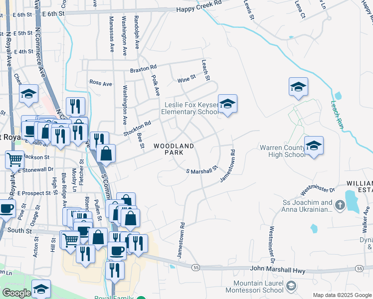 map of restaurants, bars, coffee shops, grocery stores, and more near 829 Williams Street in Front Royal