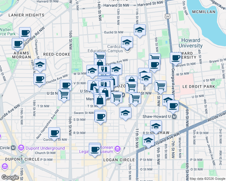 map of restaurants, bars, coffee shops, grocery stores, and more near 1301 U Street Northwest in Washington