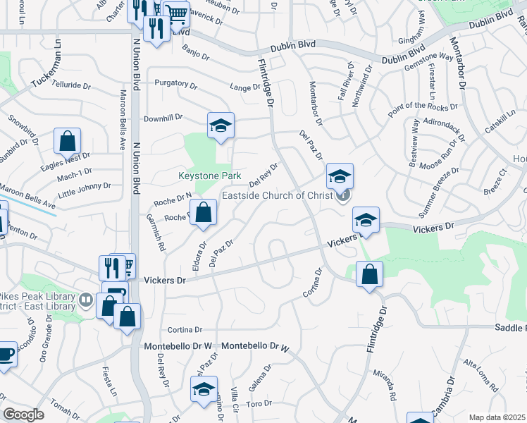 map of restaurants, bars, coffee shops, grocery stores, and more near 5911 Del Paz Drive in Colorado Springs