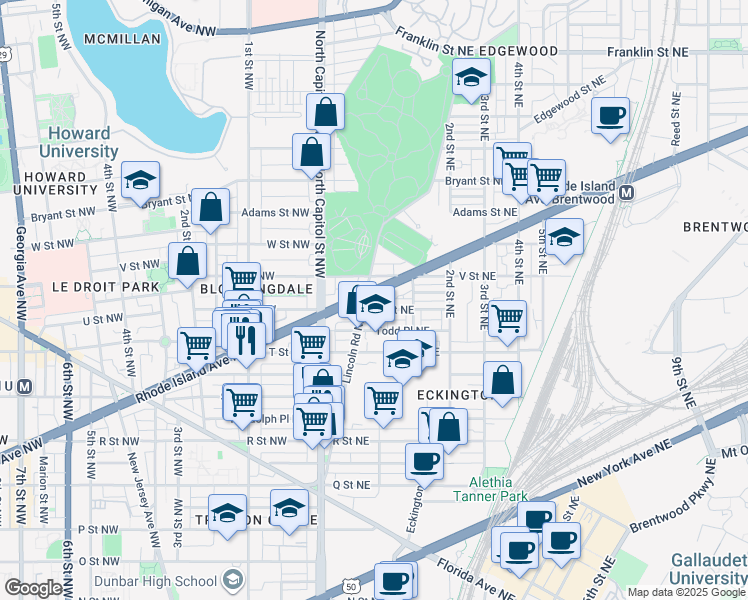 map of restaurants, bars, coffee shops, grocery stores, and more near 61 Rhode Island Avenue Northeast in Washington