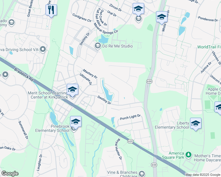 map of restaurants, bars, coffee shops, grocery stores, and more near 25291 Diligence Court in Aldie