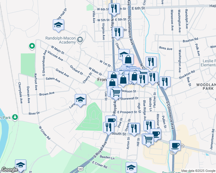 map of restaurants, bars, coffee shops, grocery stores, and more near 28 Lee Street in Front Royal
