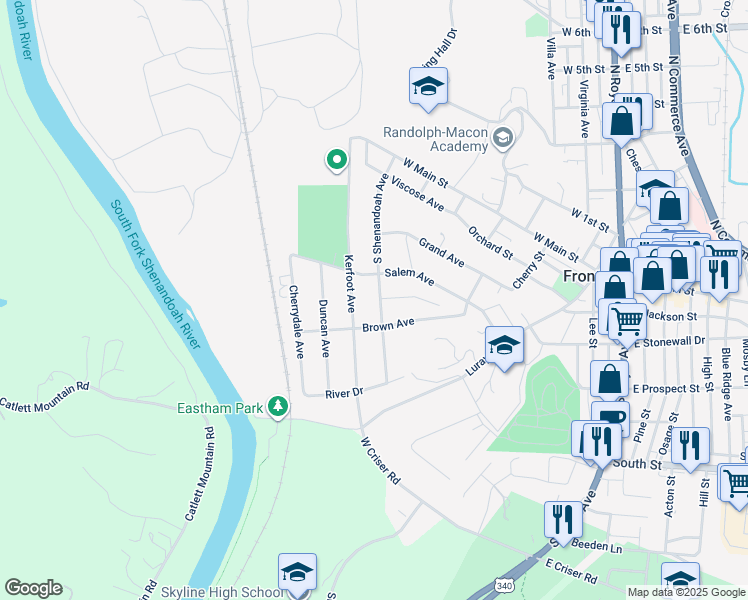 map of restaurants, bars, coffee shops, grocery stores, and more near 319 South Shenandoah Avenue in Front Royal