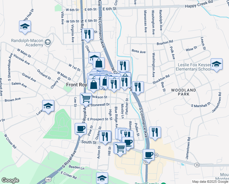 map of restaurants, bars, coffee shops, grocery stores, and more near 409 East Main Street in Front Royal