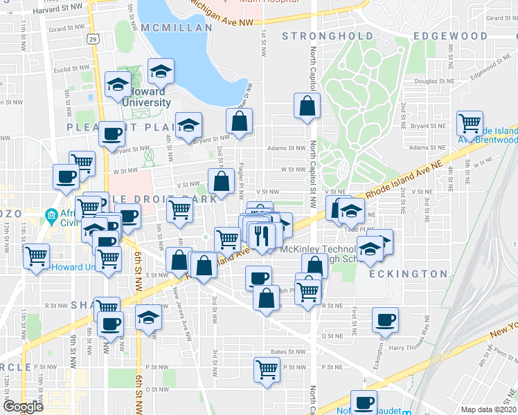 map of restaurants, bars, coffee shops, grocery stores, and more near 2010 1st Street Northwest in Washington